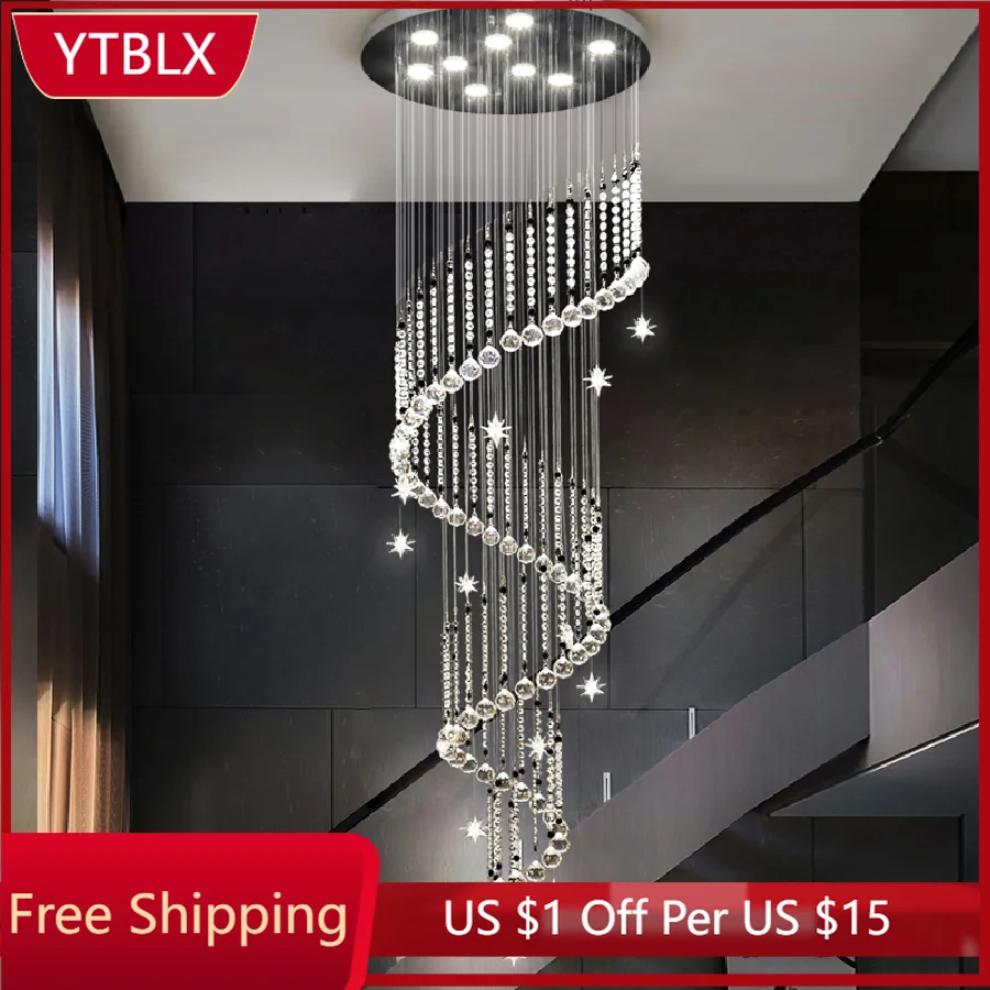 

Duplex Villa Stair Chandeliers Modern Crystal Spiral Staircase Light Home Decor Living Room High Loft Long Hanging Lamp