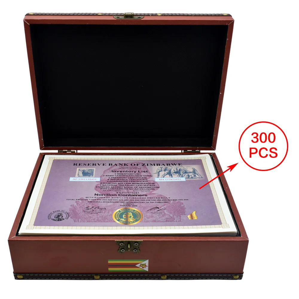 

300pcs/box New Zimbabwe Commemorative Coupon Banknotes 54 Zeros Serial Number with Exquisite Leather Red Box for Collection