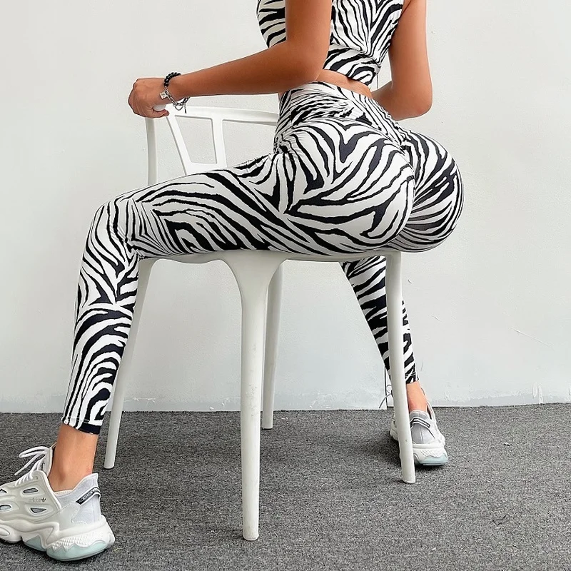 MITAOGIRL Zebra Print Sexy High Waist Peach Hip Leggings Sports Pants for Women Outdoor Running Gym Fitness Workout Yoga Pants