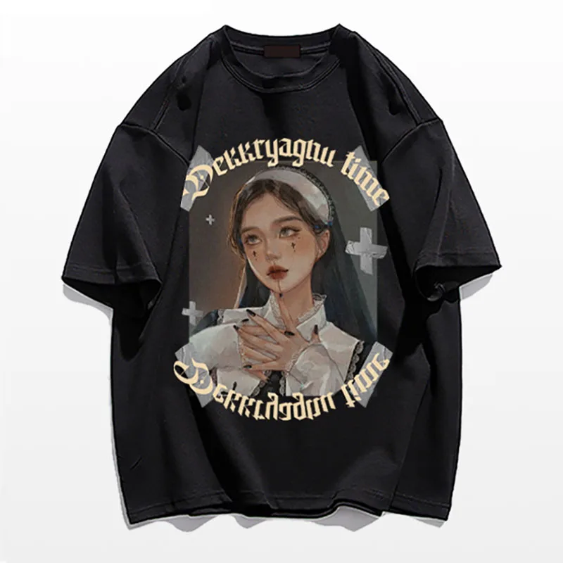 

European and American dark wind nun oil painting printing cotton short sleeved men summer tide brand loose cotton T-shirt y2k