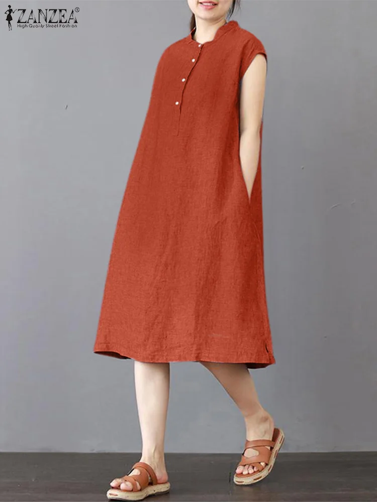 

Модель 2023 года, винтажный Женский Свободный Повседневный Сарафан ZANZEA без рукавов, летнее однотонное Хлопковое платье, женское Пляжное Плат...