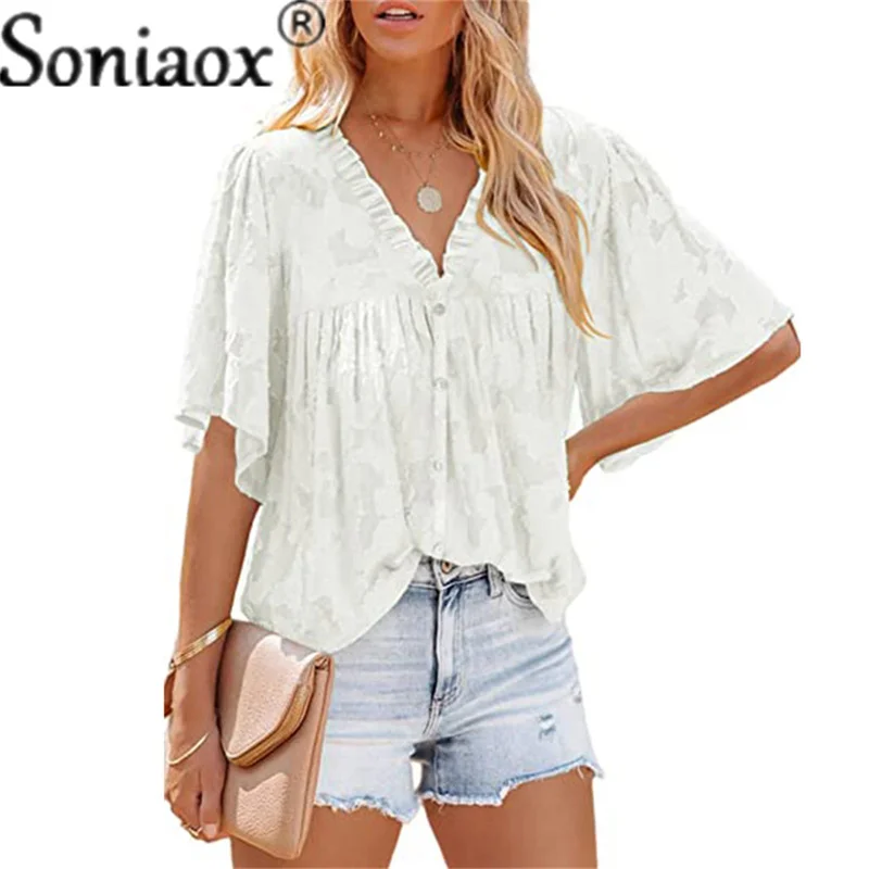 Женская шифоновая блузка с рюшами кружевная на пуговицах рукавами-фонариками