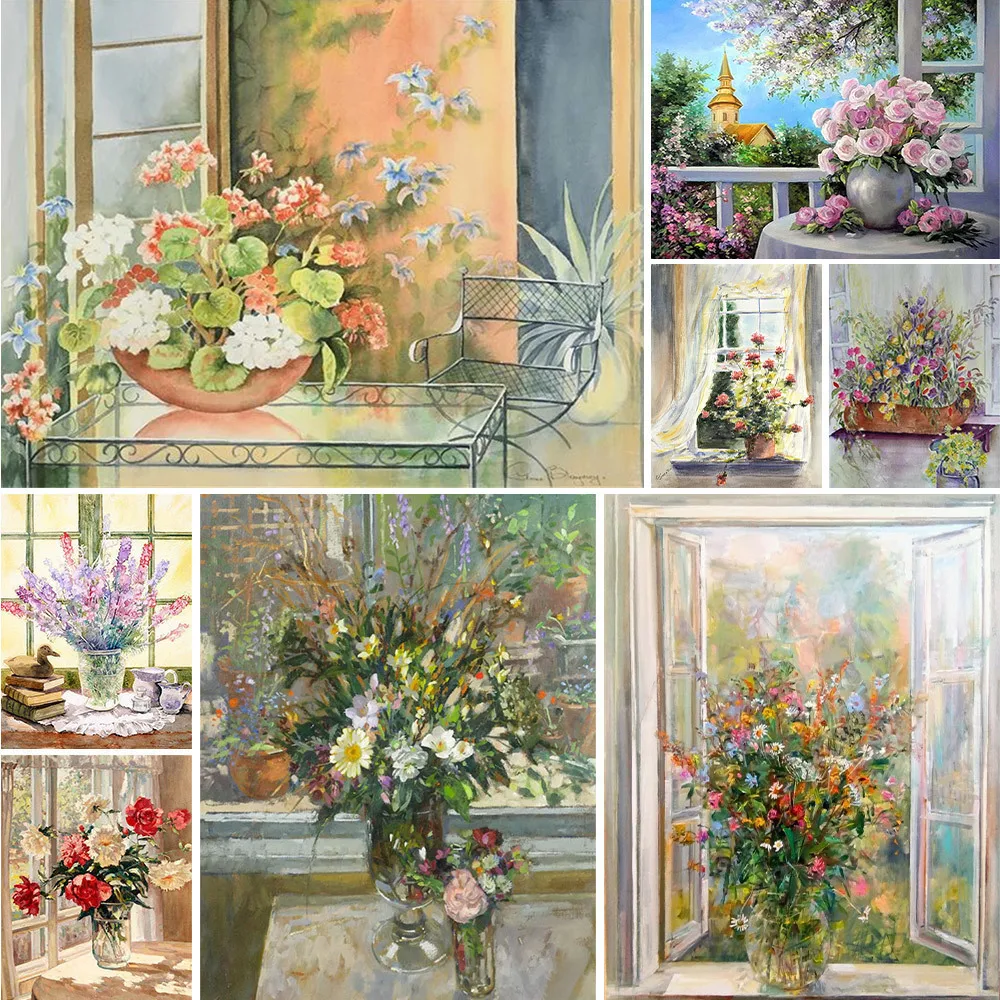 Kwiaty wazon krajobraz ścieg krzyżykowy DIY haft kompletny zestaw malowanie robótki rzemiosło rękodzieło Mulina promocje tłoczone