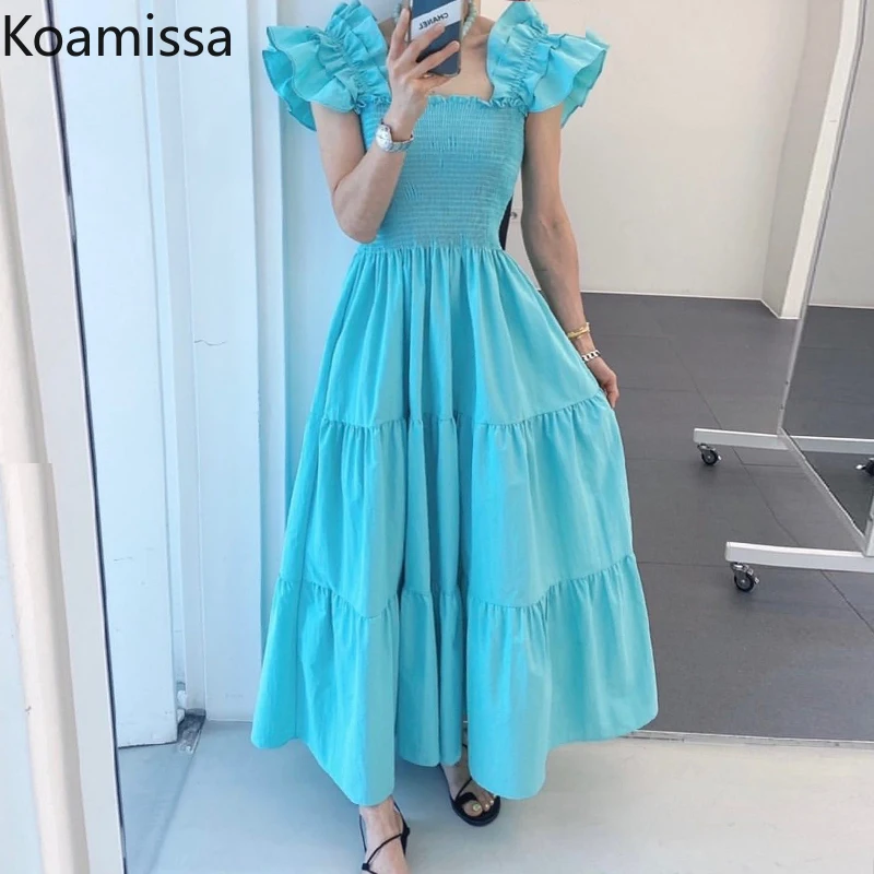 

Koamissa Solid Women Party Long Dress Korean Fashion Summer Flare Sleeves Beach Maxi Dress Lady Pleated A Line Vestidos 2022 New