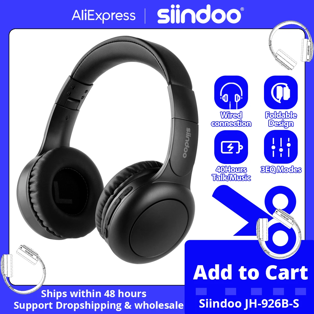 

Беспроводные складные стереонаушники Siindoo, Bluetooth-наушники с супер басами и шумоподавлением, гарнитура 3EQ с микрофоном для детей