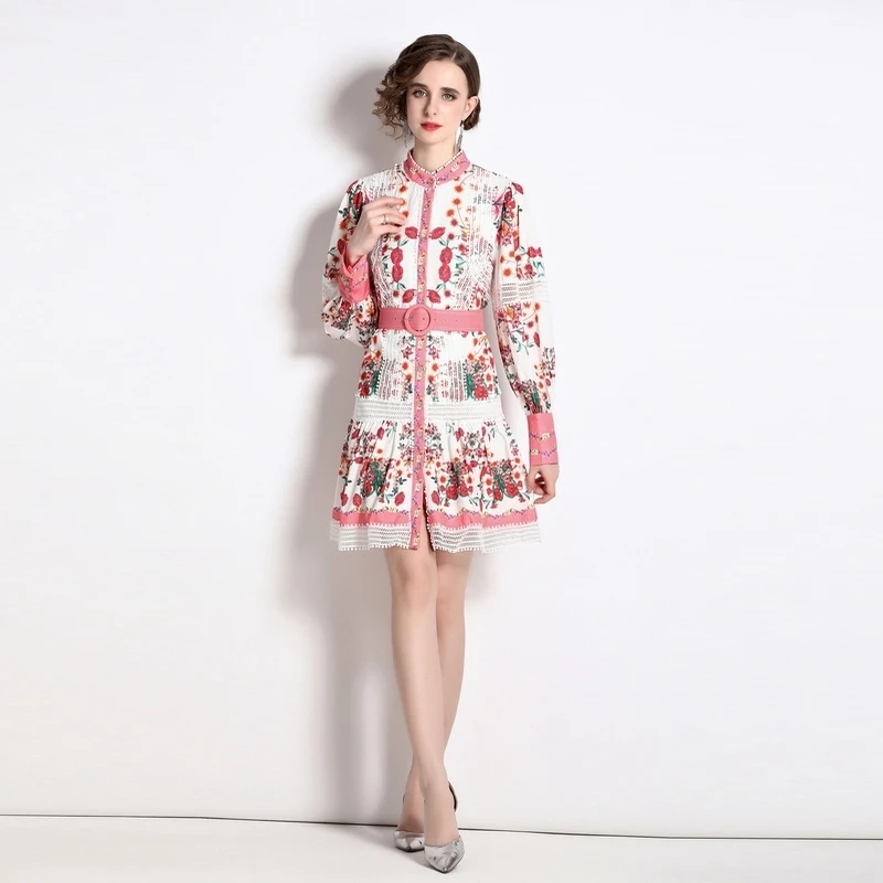 

SuperAen 2022 Summer New Fashion Stand-up Collar Hollow Out Printing A-LINE Casual Dress for Women