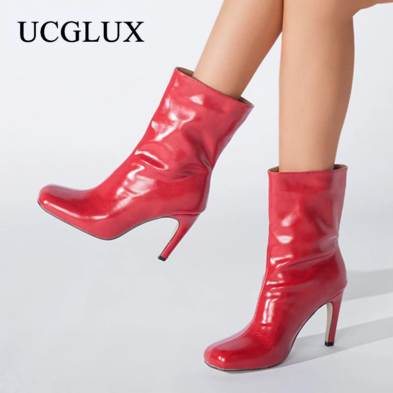 

Женские однотонные ботинки на высоком каблуке, кожаные повседневные ботинки с квадратным носком, осенне-зимняя обувь, универсальные модные...