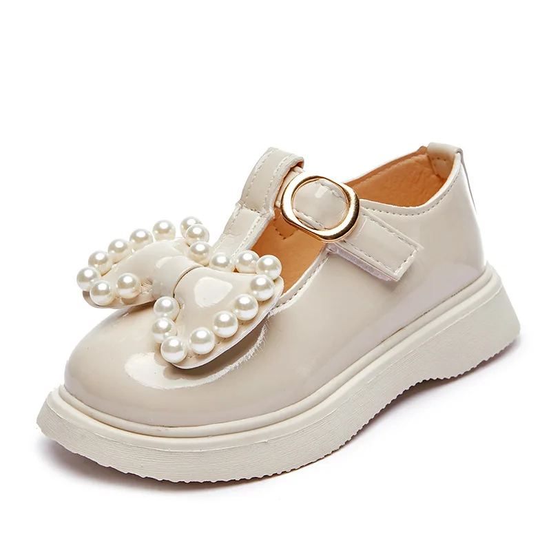 

Toddlers Baby Girls Leather Shoes Children Flats T-strap Bow-knot with Pearls Princess Sweet Black Kids Shoes for Party British
