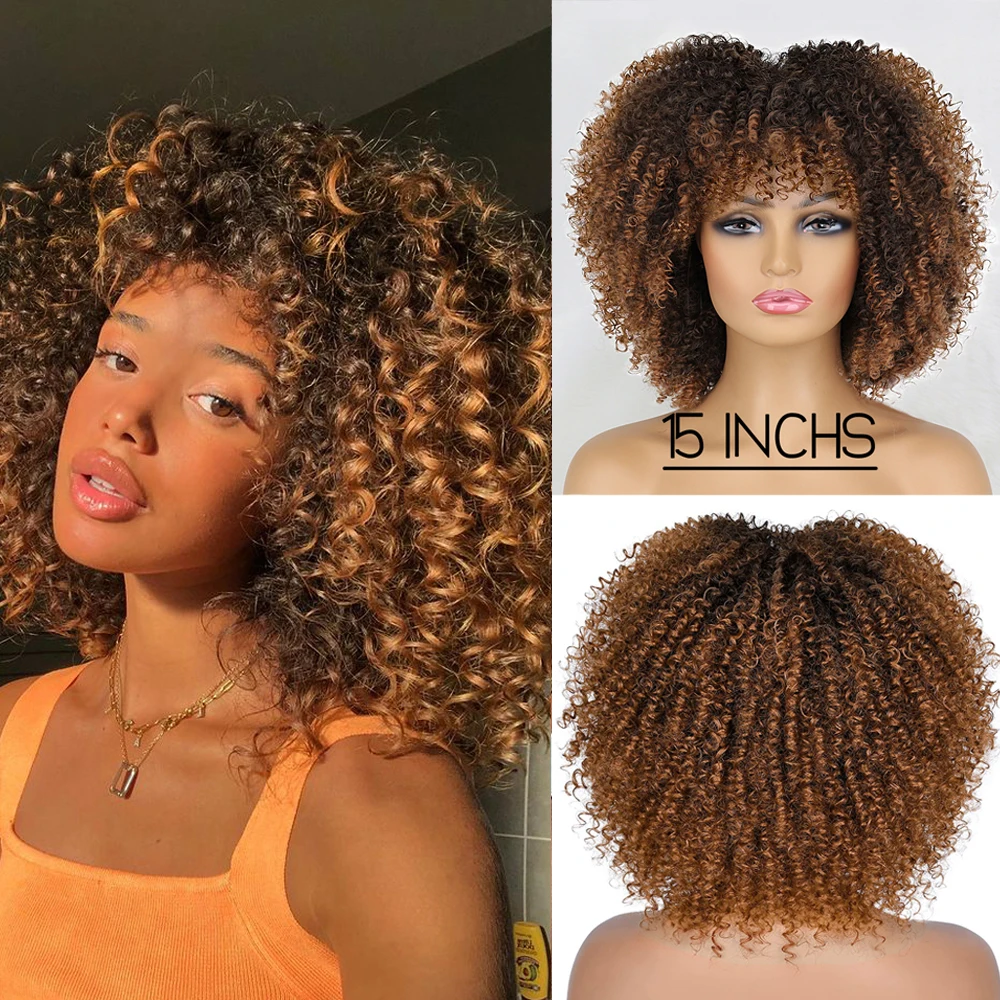 

Short Hair Afro Kinky Curly Wigs With Bangs For Black Women African Synthetic Omber Glueless Cosplay Wigs Gradient Hair