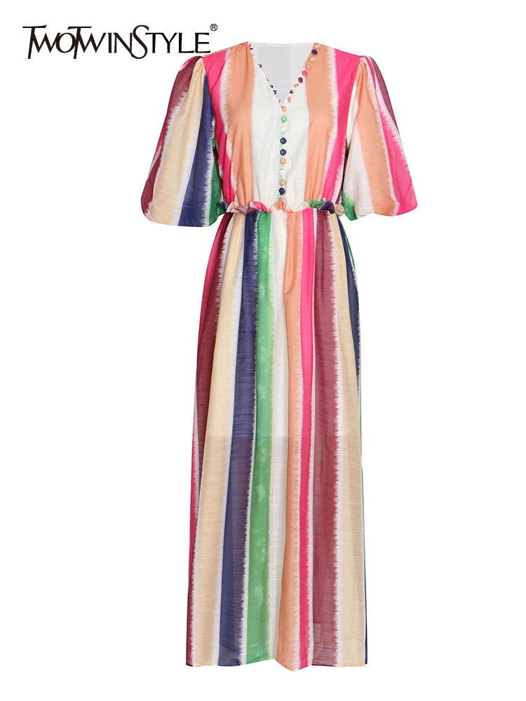 

Женское длинное платье TWOTWIN, винтажное платье средней длины в полоску с V-образным вырезом, короткими рукавами-фонариками и высокой талией, ...