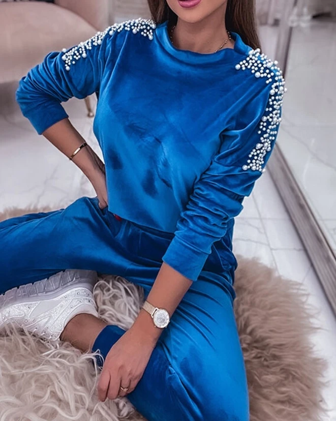 

Two Piece Set Women Outfit Spring Autumn Fashion Velvet Beaded Long Sleeve Sweatshirt & Casual Pocket Design Sweatpants Set