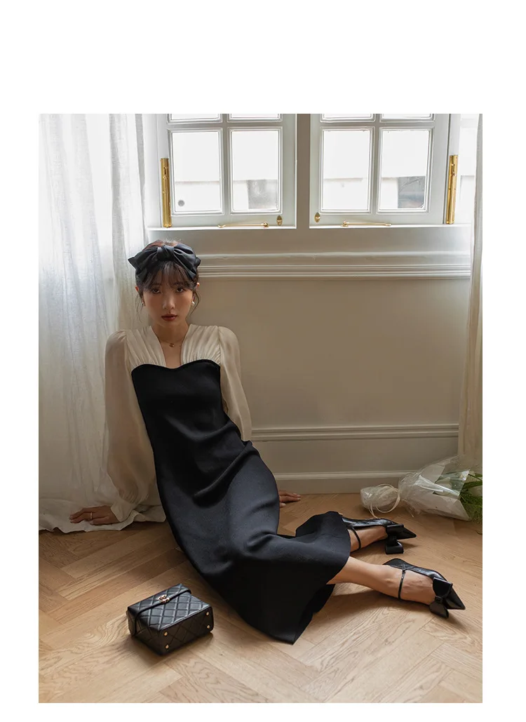 

2022 spring elegant V-neck puff sleeve color contrast long knit stitched slim dress