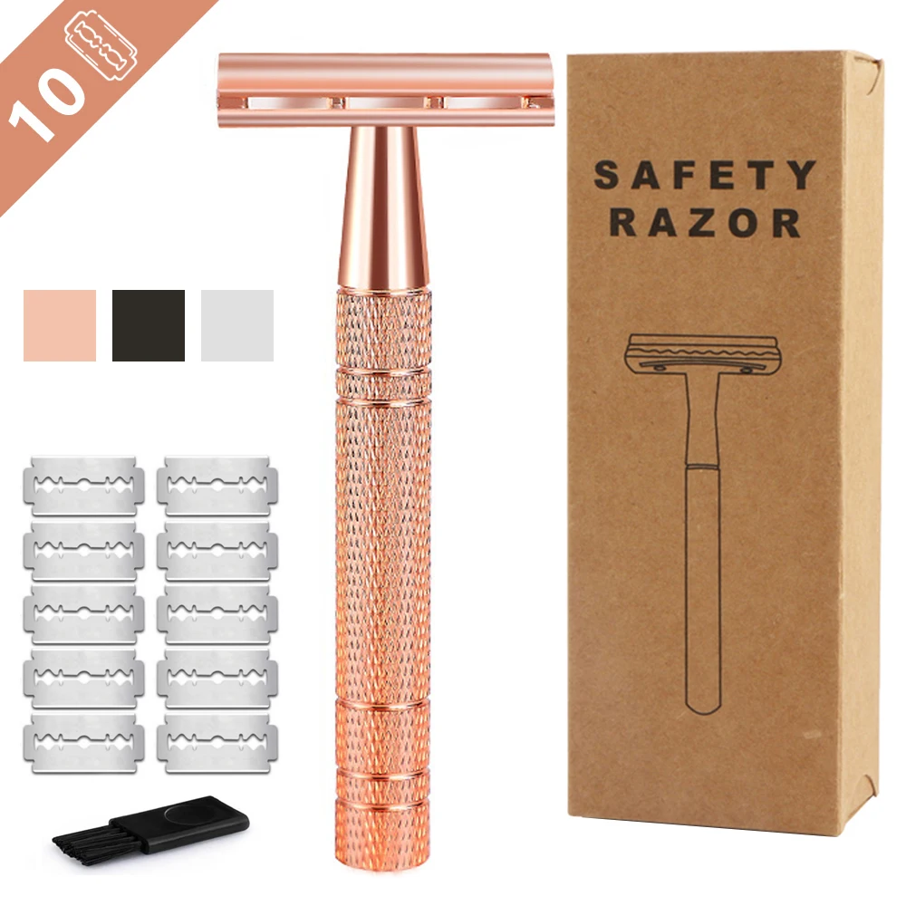 HAWARD Rose Gold Razor,Classic Double Edge Safety Razor for Mens Shaving&Womens Hair Removal,10 Shaving Blades,Manual Shaver