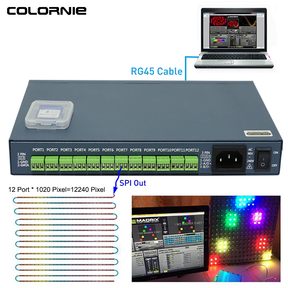 

Пульт управления пикселями Madrix, устройство управления пикселем WS2811 WS2812 DMX512, 12 портов SPI, SD, управление освещением KTV