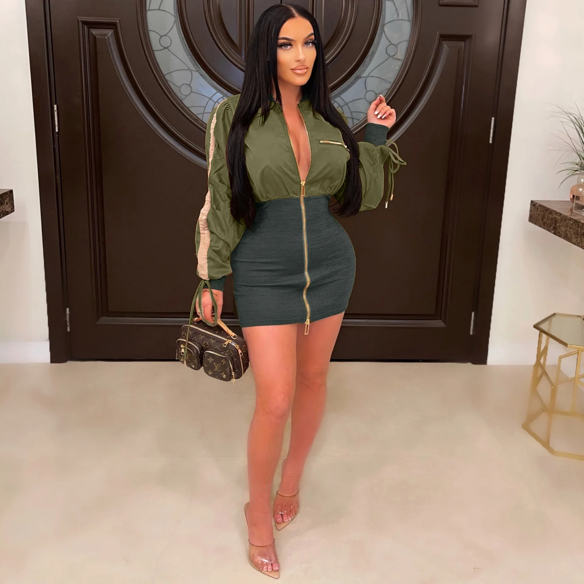 Женское облегающее платье с молнией спереди мини-платье в стиле пэчворк одежда