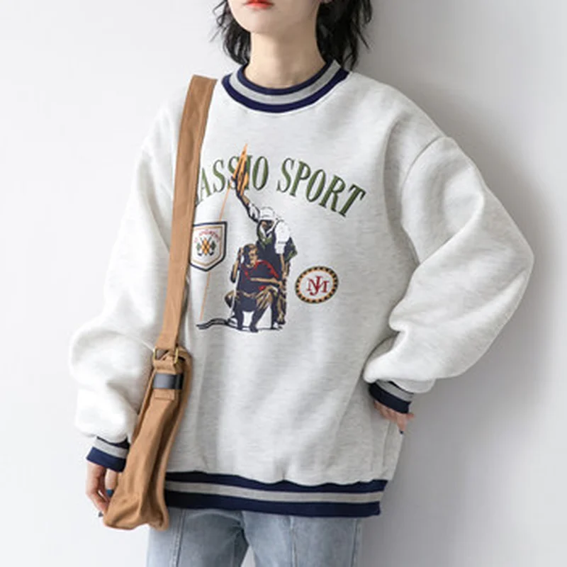 

Autumn Letter Cartoon Print Sweatshirts Women Hoodies 2021 New Loose Casual Cute Cotton O Neck Tops Warm Long Sleeve Female