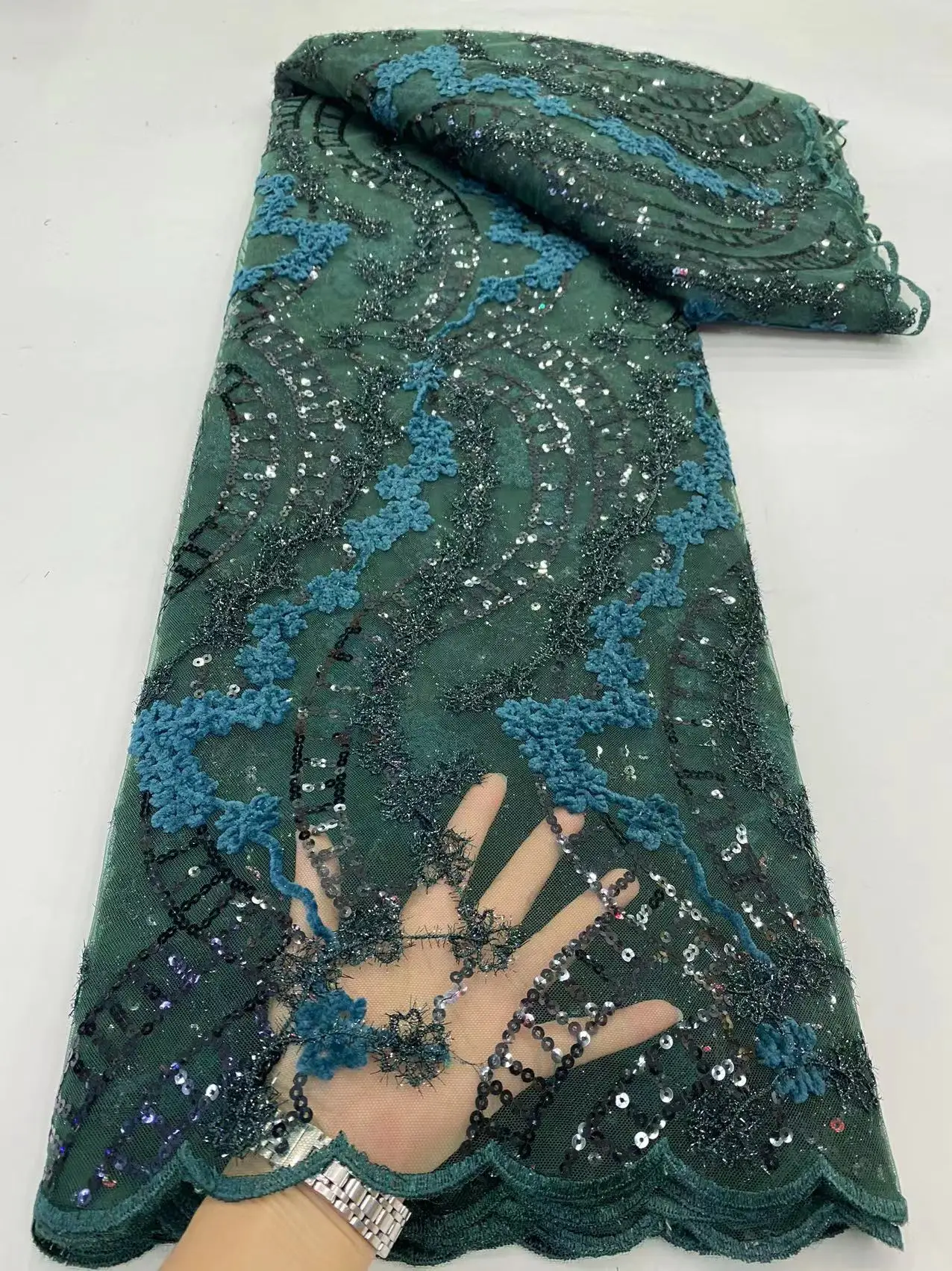 

Новейшая нигерийская бархатная сетчатая кружевная ткань с блестками, 5 ярдов, 2022, высококачественный африканский тюль, флокированная ткань ...