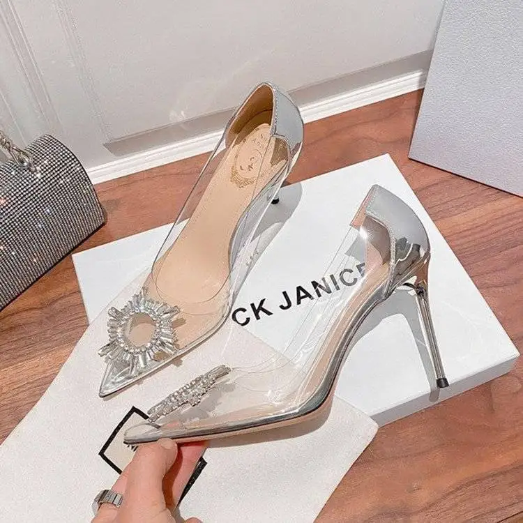 

Women's Heels Shoes Summer Pointed High-heeled Stiletto Transparent Stiletto Single Shoes Thin Rhinestones Buckle Women's Shoes
