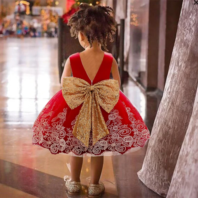 

2022 Pageant Ceremony Child Baptism 2 1 Year Birthday Dress For Baby Girl Clothing Princess Dresses Party Dress Gold Bow Toddler