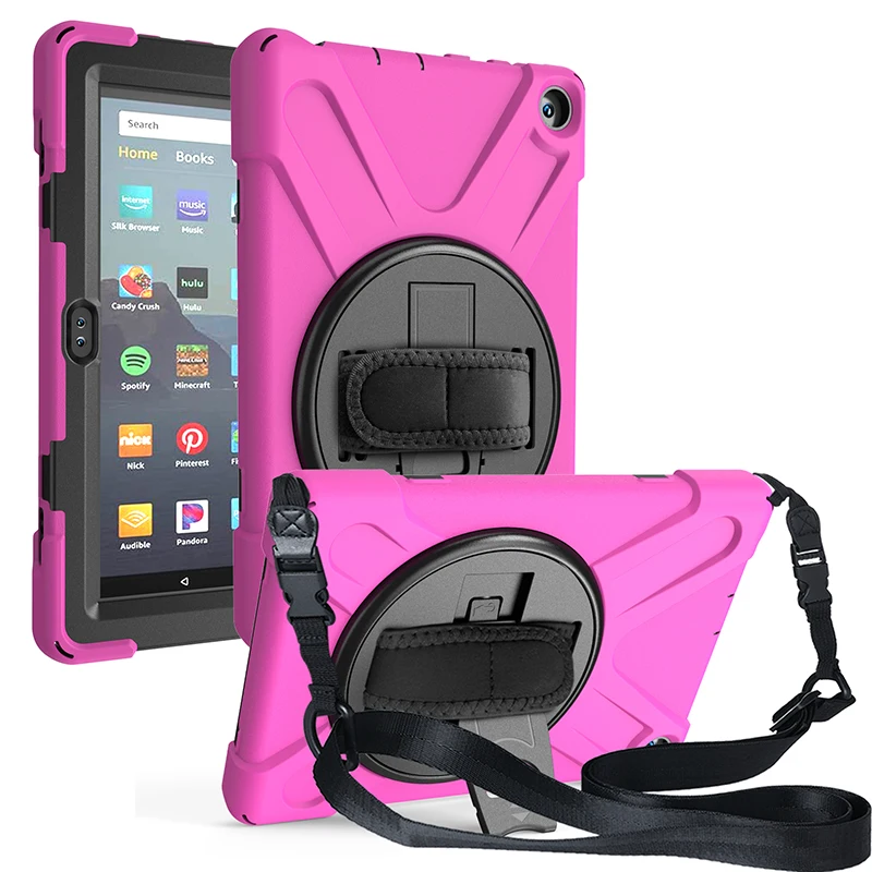 

360 Degree Rotatable Stand Case for Kindle Fire HD 8 2020/Fire HD 8 Plus Shockproof Kids Cover with Shoulder Strap+Pen
