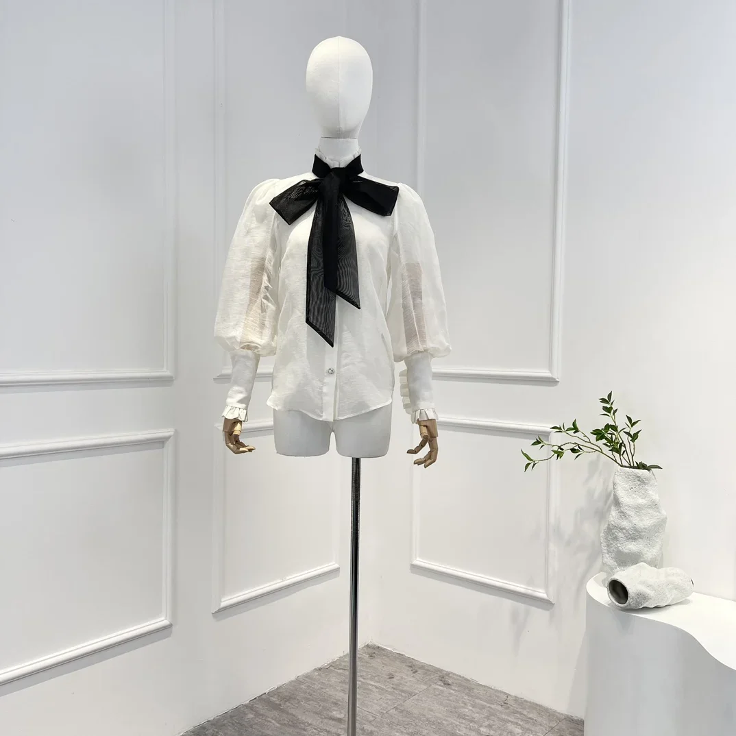 

2023 New Arrivals Elegant Big Bow Neckline Puff Sleeve Button Beige Blouse for Lady