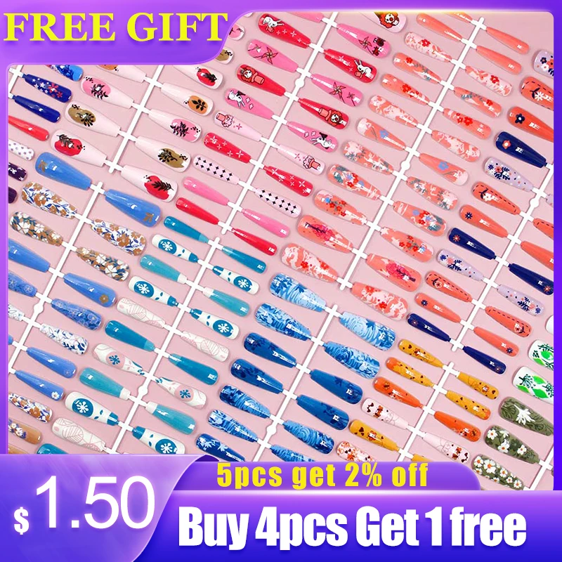 

24pcs/sheet fake nails press on faux ongles capsule tips french long coffin Painted Flower Porcelain designs DIY false nails kit