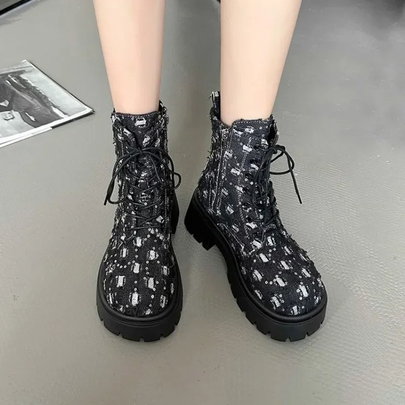 Hot Selling New Women's Boots Lace-up High Heel Shoes for Women Round Toe Square Modern Outdoor Dress Platform