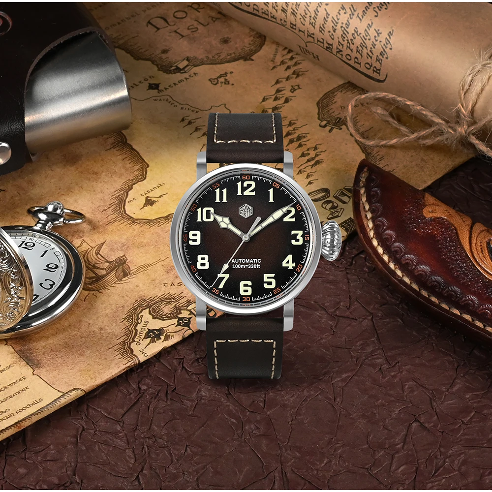 

San Martin 44.5mm Pilot Men Watch Military Fashion Simple Style YN55A Automatic Mechanical Genuine Leather Strap 10 Bar Luminous