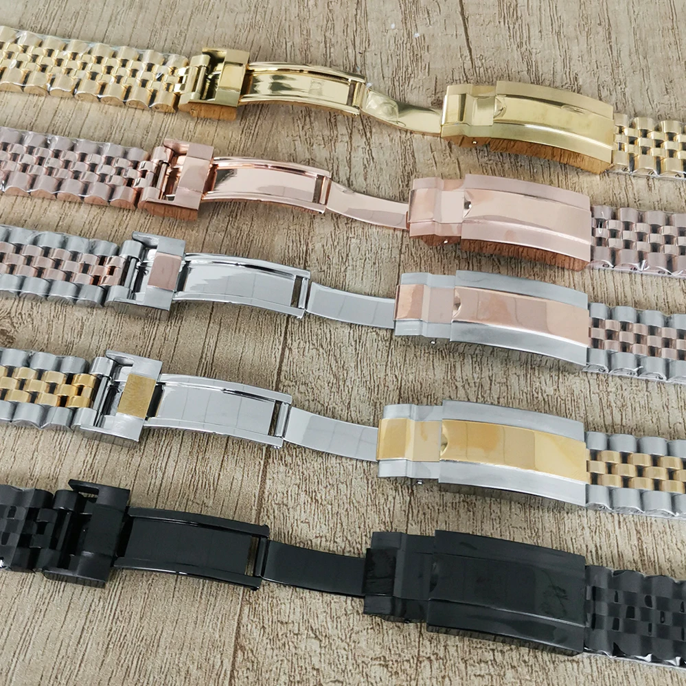 20MM Stainless Steel Watch Band Single Folding Buckle Solid Screw Links Watchband Strap Vintage Jubilee Bracelet