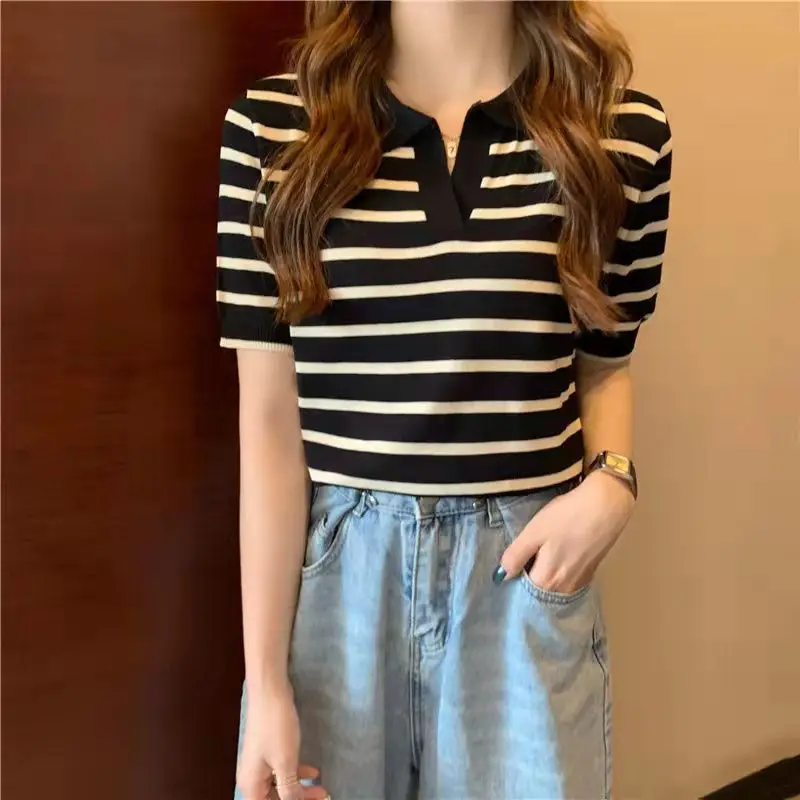 

Summer sweet show thin new style stitched lapel stripe sweater feminine temperament slim short-sleeved shirt white