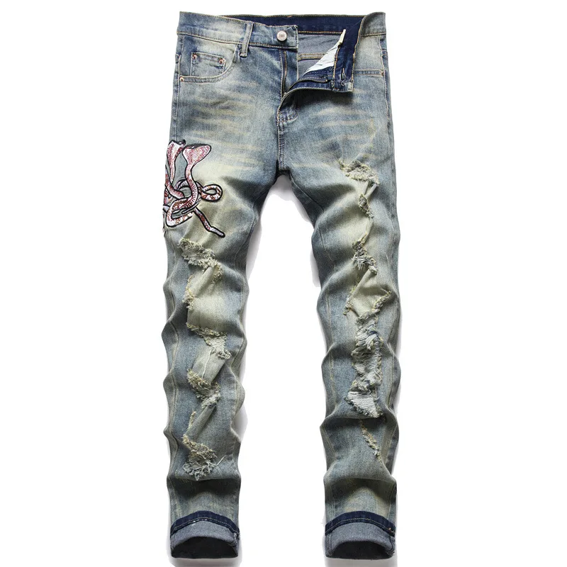 

New High Quality Fashion Trendsetter Hole Slim Fit Elastic Embroidery Cobra Men Jeans Denim Pants