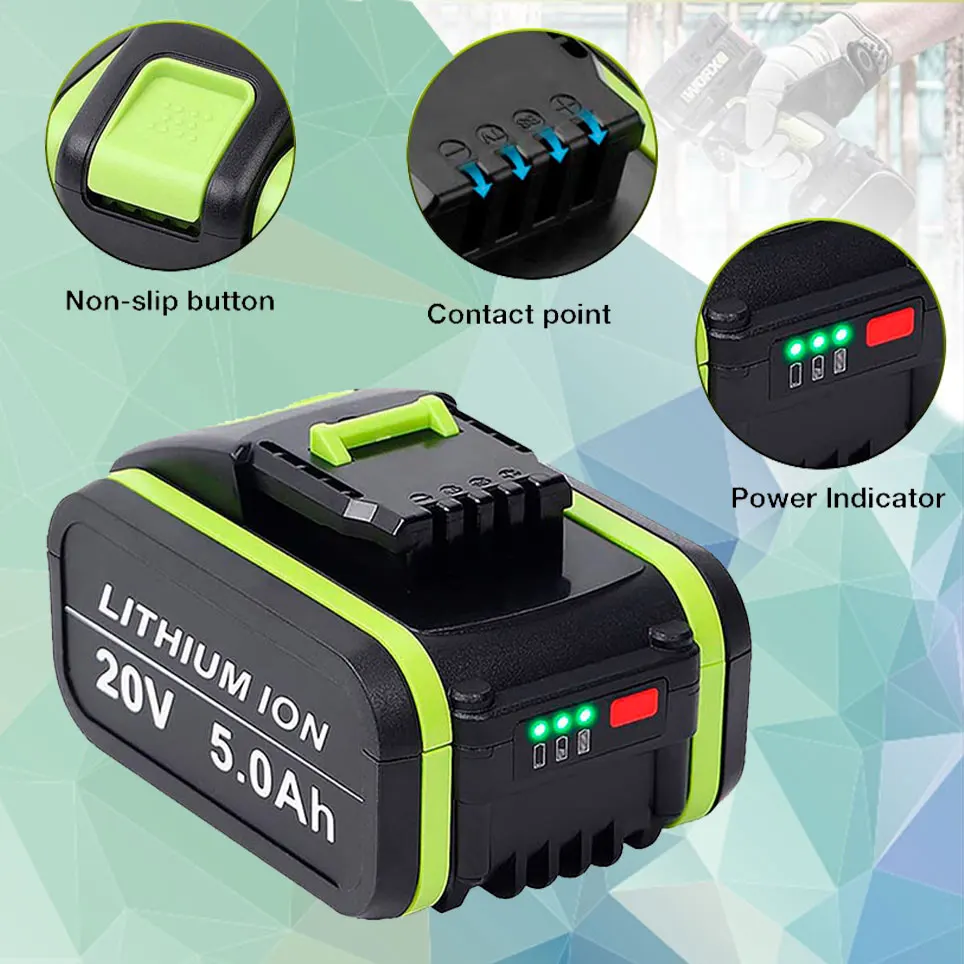 

2022 WA3551 литий-ионный электроинструмент, сменная аккумуляторная батарея 20 в 5000 мАч для Worx WA3553 WX390 WX178 WX550 WX386 WX678 WG894E