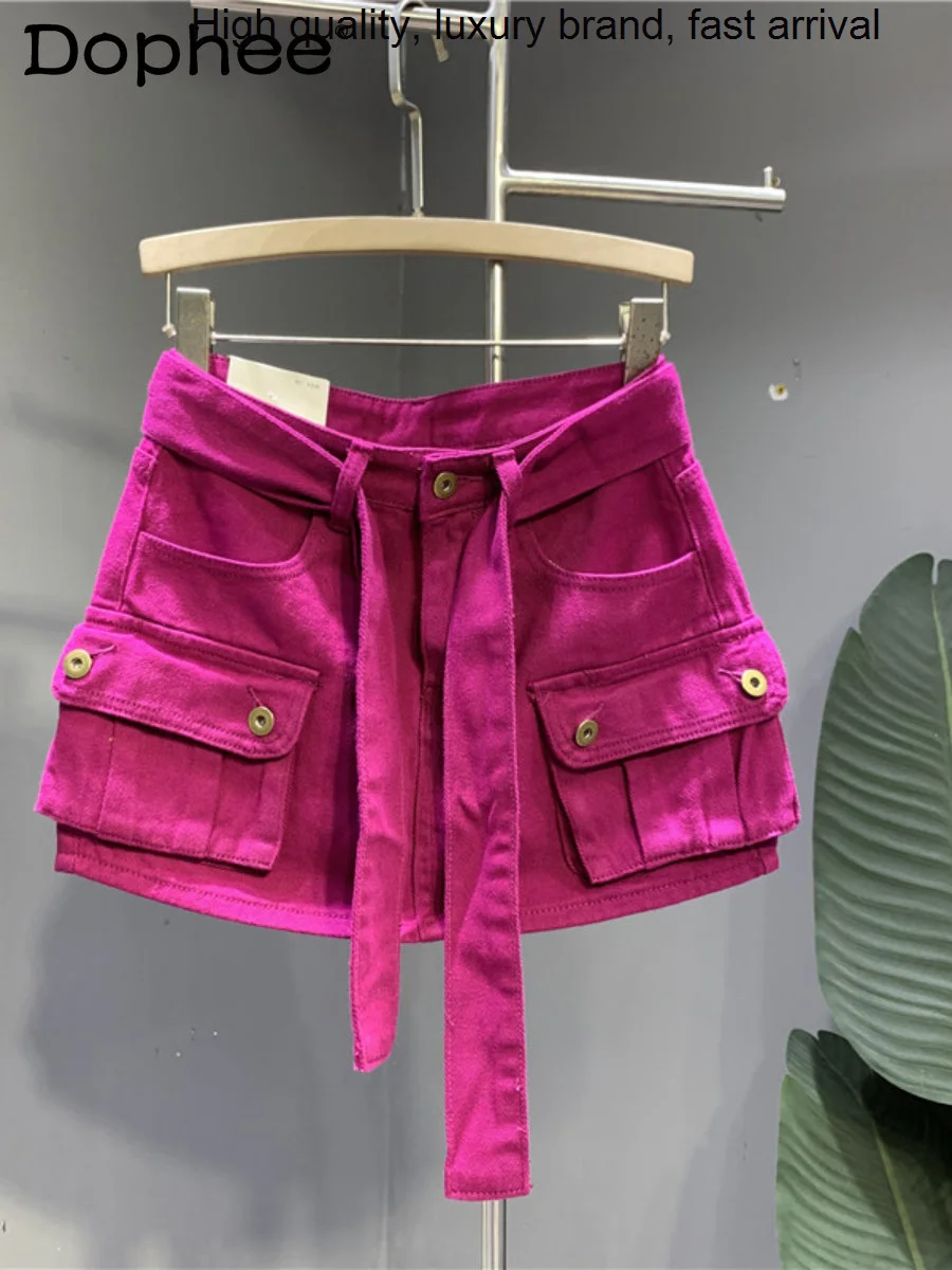 

Lace-up Trendy Street Pitaya Color Denim for Women 2023 Spring New Personalized Three-Dimensional Pocket Hip Mini Skirt
