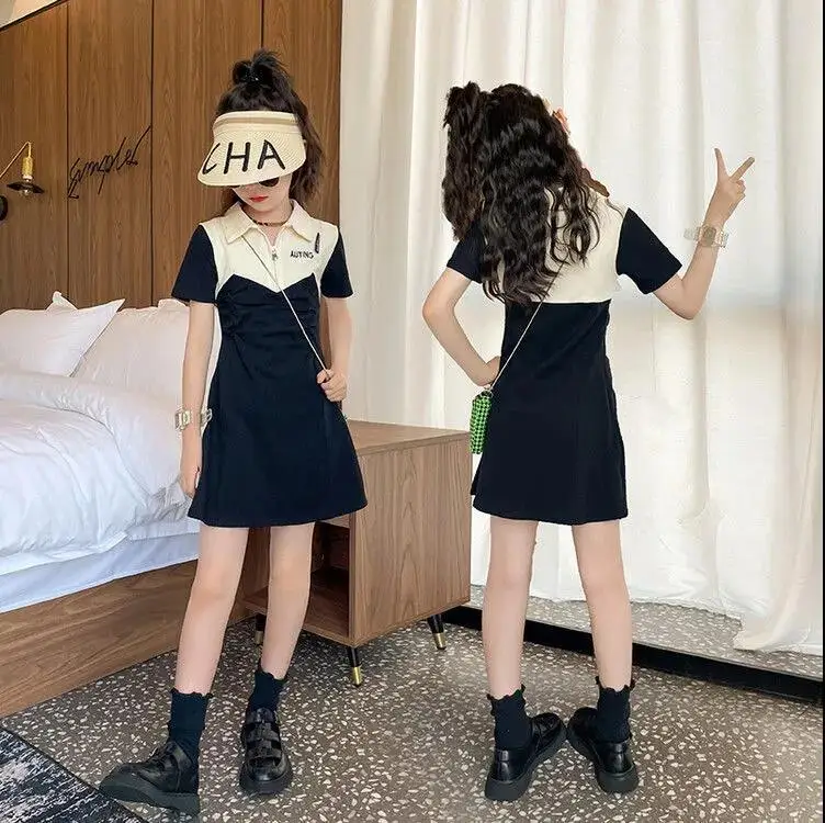 

2023 Korea new Girls Baseball sport Dress Kids Casual Dresses Vestidos Child Clothes short Sleeve Patchwork teens 6 8 9 12 year