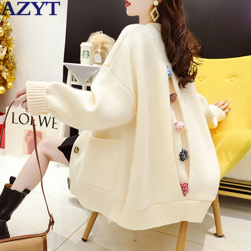

Женский вязаный кардиган с длинным рукавом AZYT, мягкий Свободный Повседневный Кардиган в Корейском стиле, весна-осень 2022