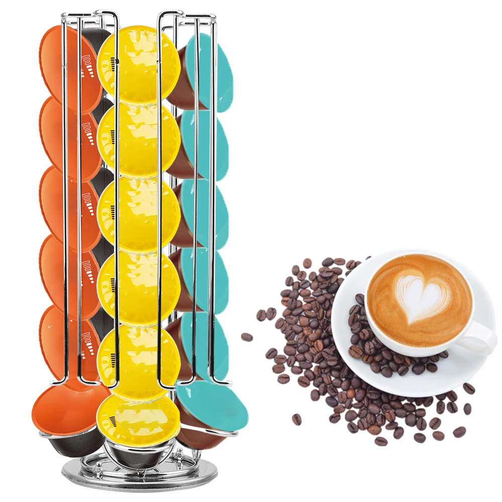 

Rotatable Coffee Pod Holder Tower Stand Storage Shelves 24Cups For Dolce Gusto Capsule Stainless Steel Display Capsule Rack