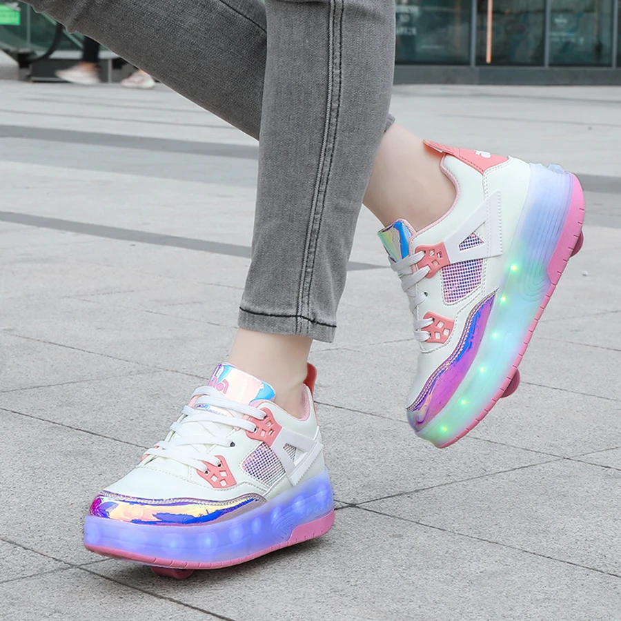 Детские светящиеся кроссовки на двух колесах с USB-зарядкой