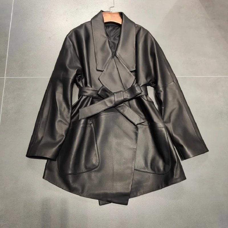 Женское длинное пальто из овчины на осень и зиму облегающая черная/кофейная