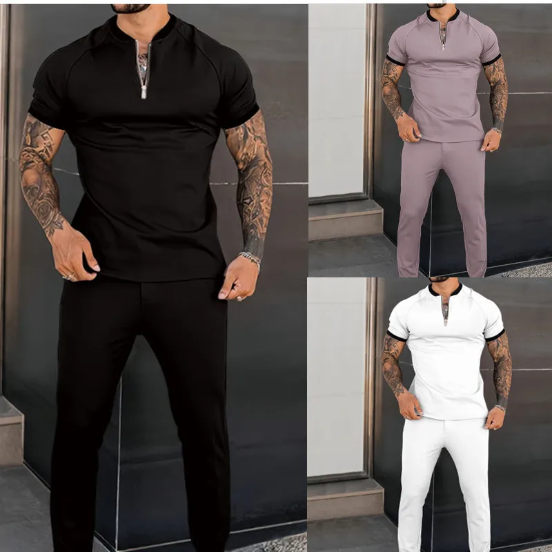 2022 Autumn Men's Sets Casual Simple T-Shirt Sports Short sleeves +Trousers Fashion Short-Sleeved Fitness Jogger Tracksuit US Si