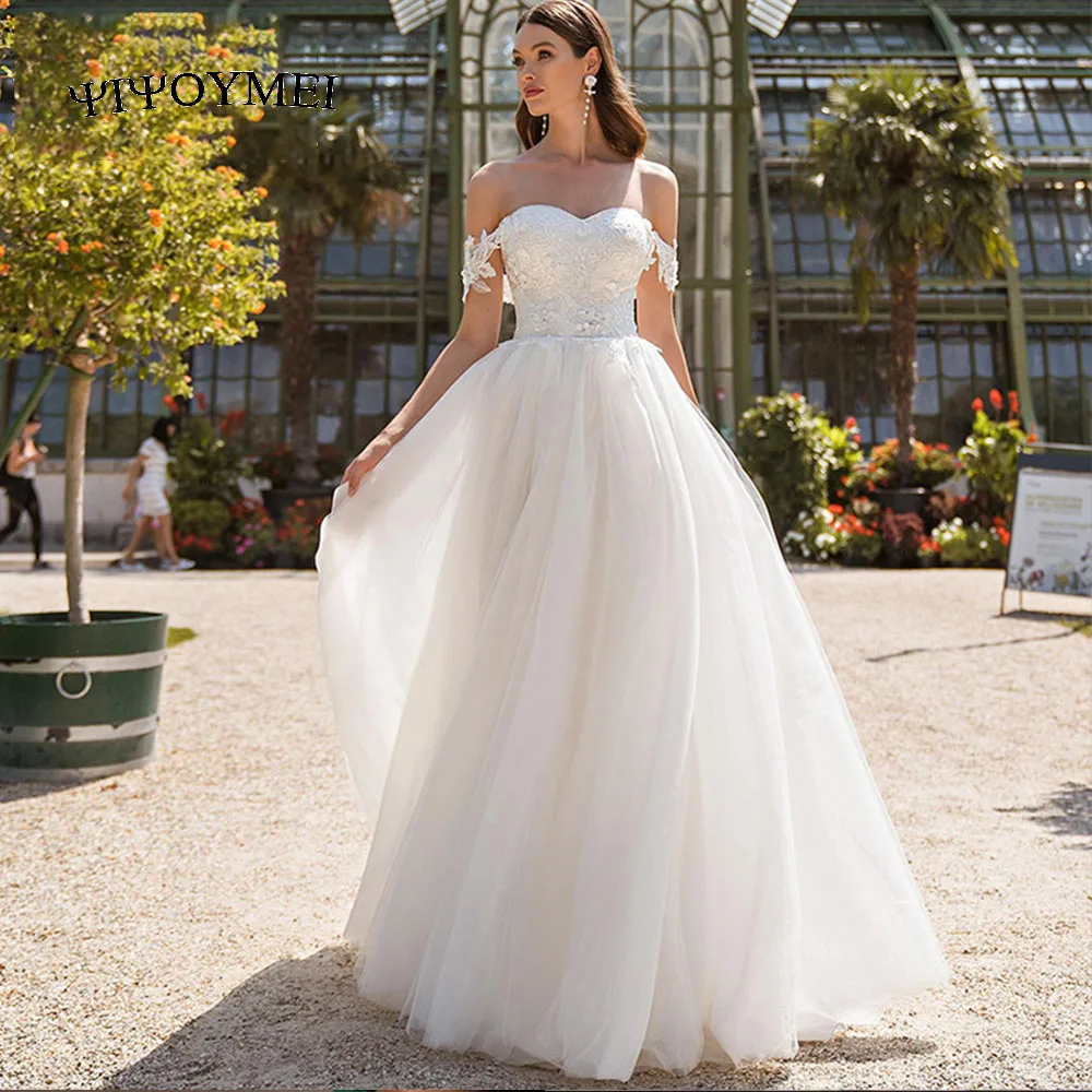 

Princess Wedding Dress Sweetheart Off The Shoulder Appliques Tulle A Line Bridal Gown Sweep Train Lace Up Back Vestidos De Novia
