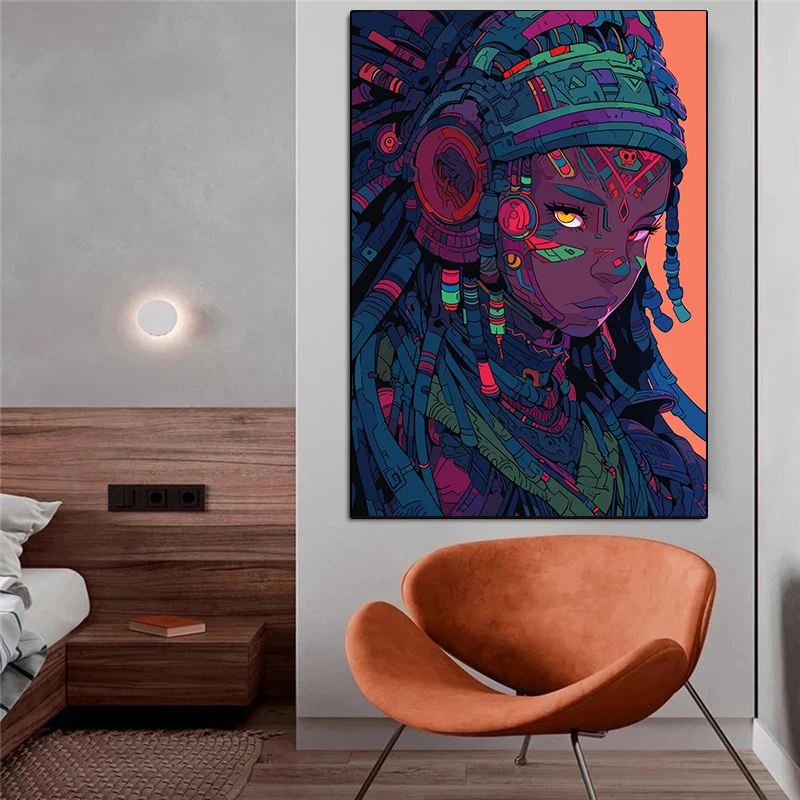 Киберпанк-ниндзя ацтекская девушка портрет многоцветный плакат Самурай будущее