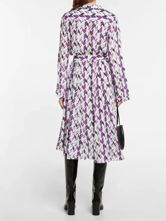 Women Midi Robe Geometric Printed Stand Collar Lace-up Long Sleeve Dress Vintage
