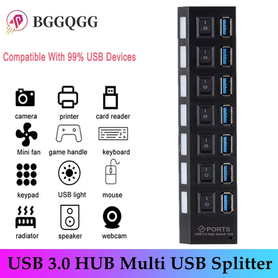 

3.0 Hub USB Hub 3.0 Multi USB Splitter 3 Hab Use Power Adapter 7 Port Multiple Expander USB3 Hub with Switch for PC