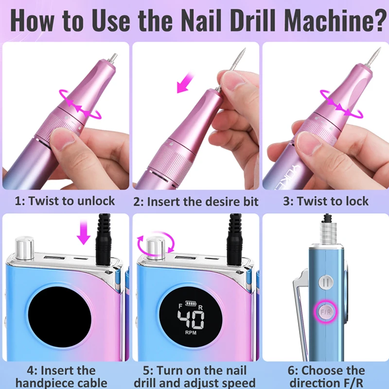 YOKEFELLOW 40000RPM Electric Nail Drill Machine With HD LCD Display Manicure Machine For Cutting Acrylic Nail Gel Polish Tools images - 6