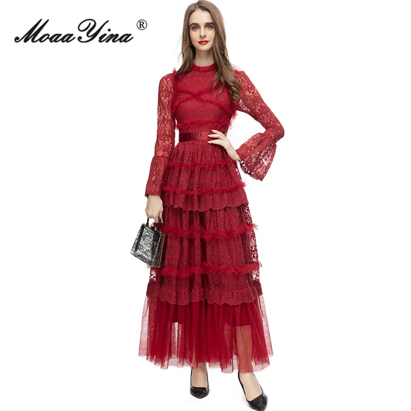 MoaaYina летнее модное дизайнерское красное винтажное вечерние платье для женщин с