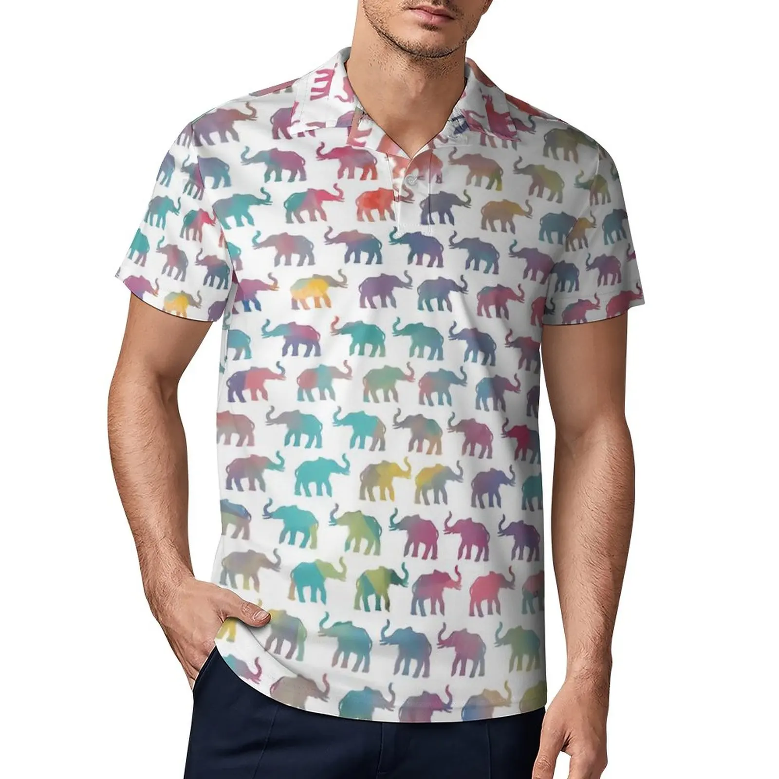

Colorful Elephant Casual T-Shirts Elephants on Parade in Watercolor Polo Shirt Turn-Down Collar Street Style Shirt Day Men Top