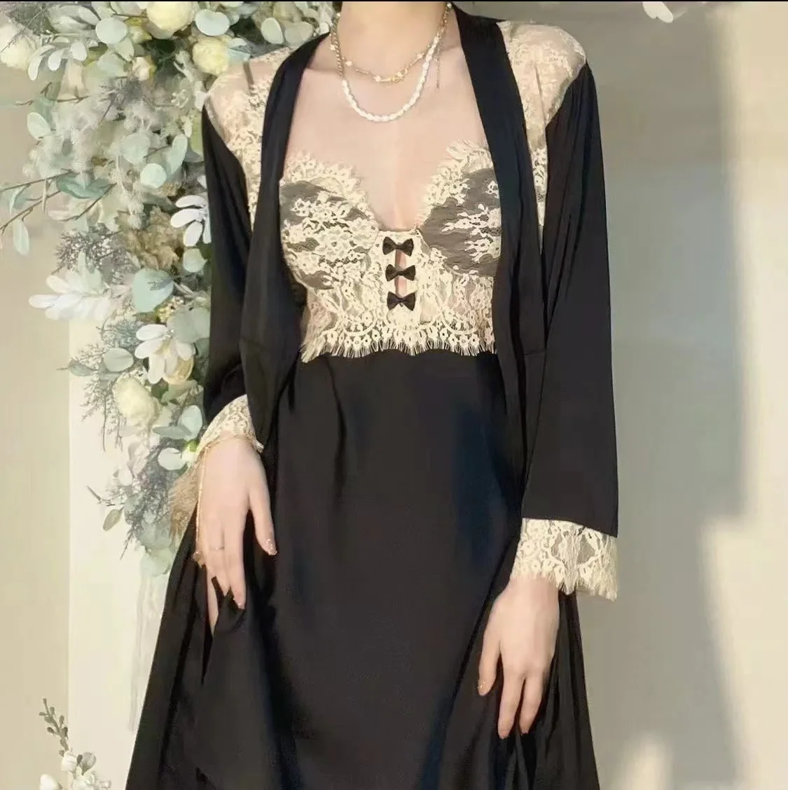 

2023 Summer Women Rayon 2PCS Robe Set Bride Robe Gown Lace Sexy Kimono Bathrobe Night Dress Casual Nightgown Sleepwear