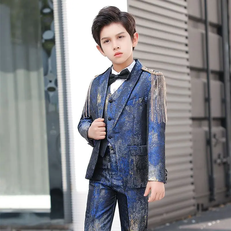 Newest Blue Printed Boy Suits For Wedding Prom Kids Flower Suits Terno Masculino Slim Fit Child Blazer 3 Pieces Jacket+Pant+Vest