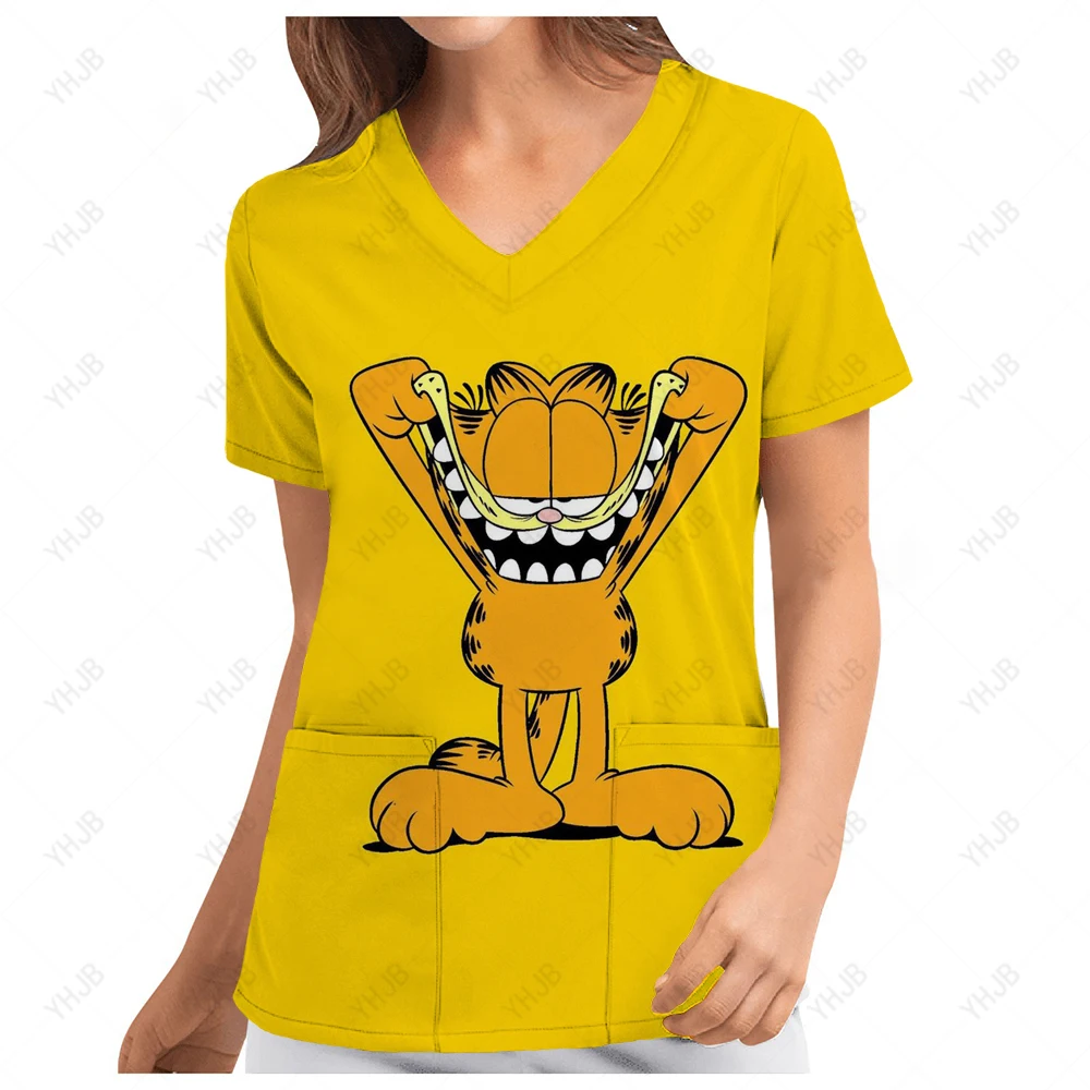 

Летний женский топ 2023, мультяшная униформа медсестры Garfield, футболка с винтажным принтом и V-образным вырезом, женская форма медсестры, Топ