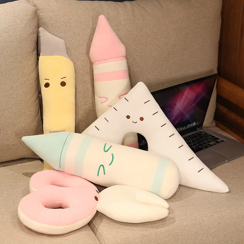 

30-45cm Cartoon Stationery Plush Filled Throw Pillow Triangle Ruler Crayon Pencil Notebook Eraser Room Decoration Cushion